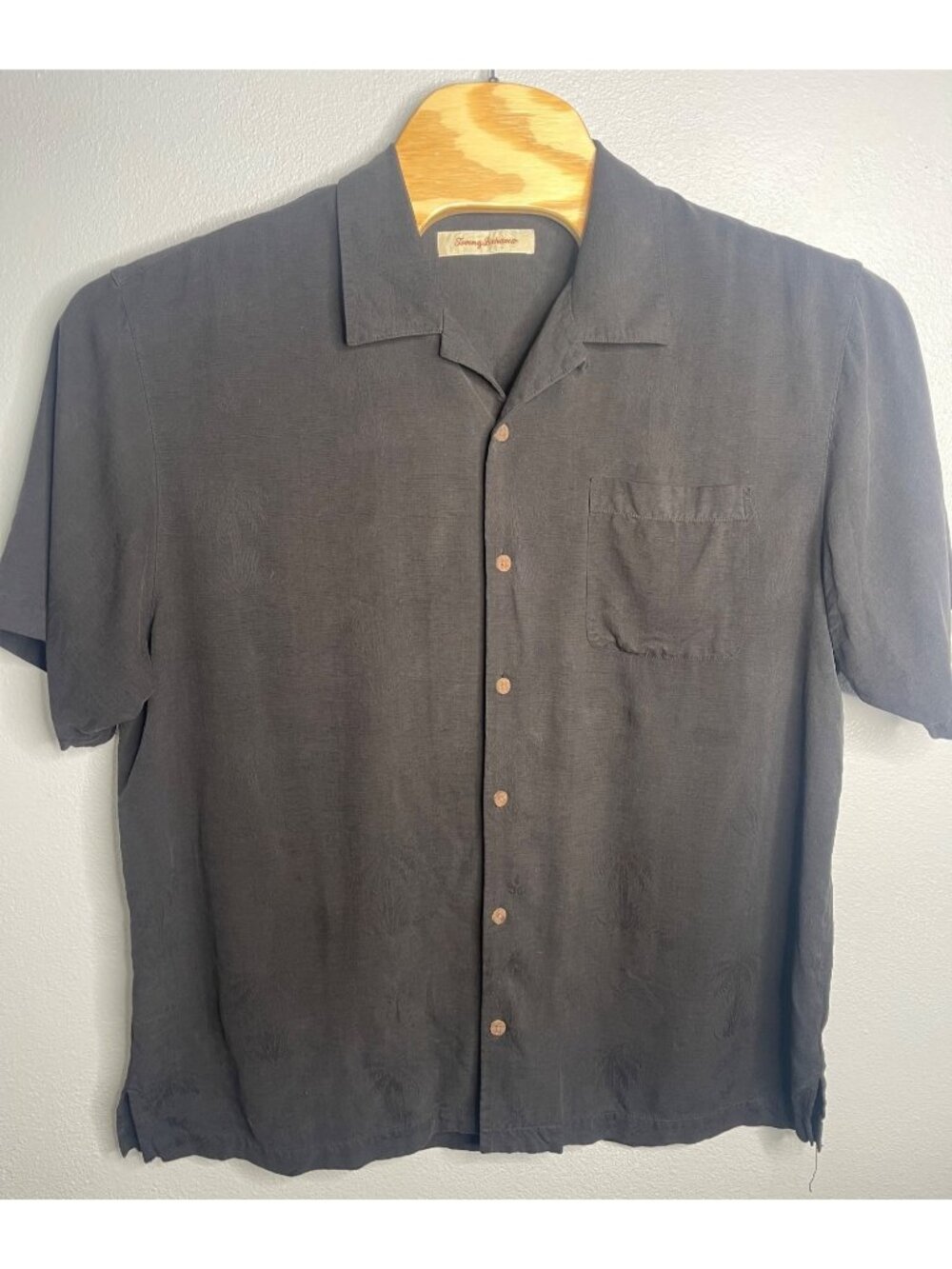 Tommy Bahama Mens XL Black Silk Button-Up Short Sleeve Shirt Palm Tree Print